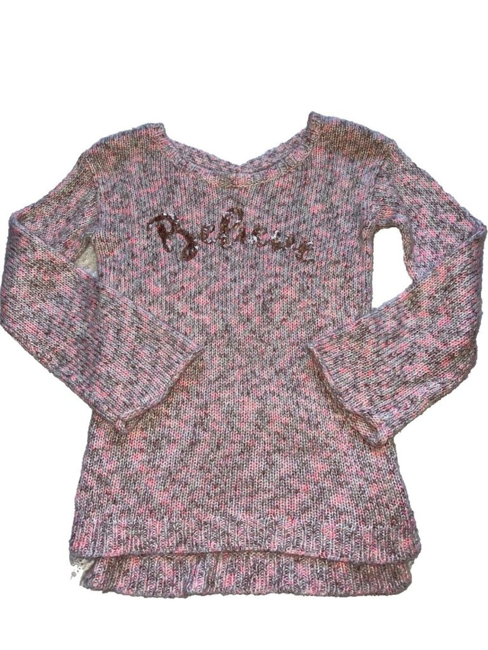 girls Justice pullover sweater size 10 pink speckled glitter "Believe" long